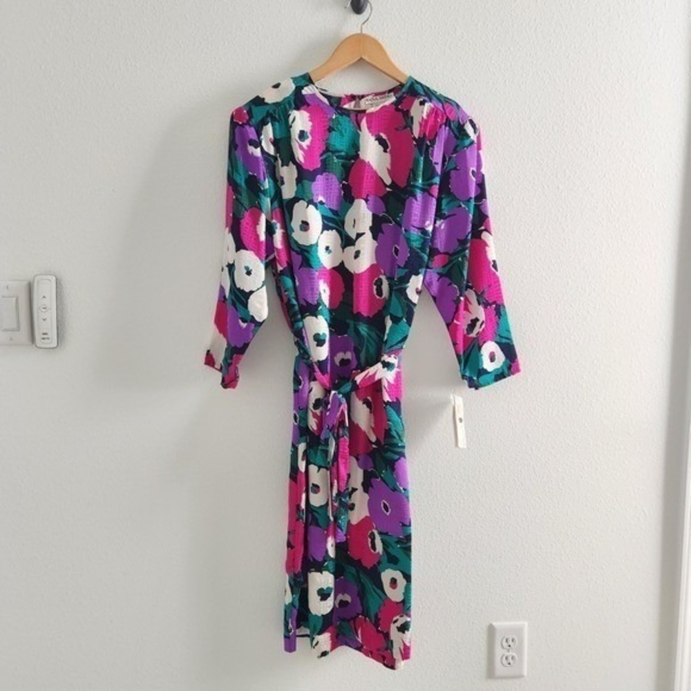 NWT Hana Sung 100% Silk Floral Jacquard Midi Dress Navy Multi Pink Purple 18 1/2